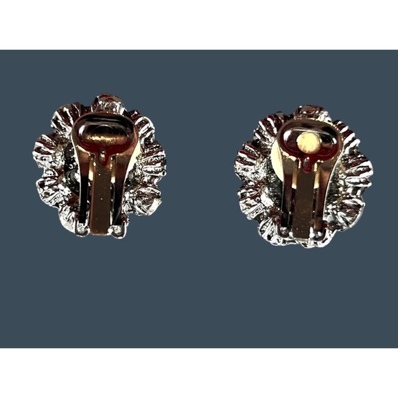 Vintage Aurora Borealis Rhinestone Dome Cluster Clip On Earrings Silver Tone - Picture 5 of 7